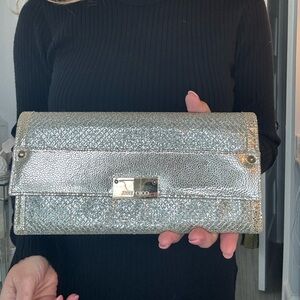 Jimmy Choo Metallic Gold Shimmer Envelope Clutch Wallet Evening Bag